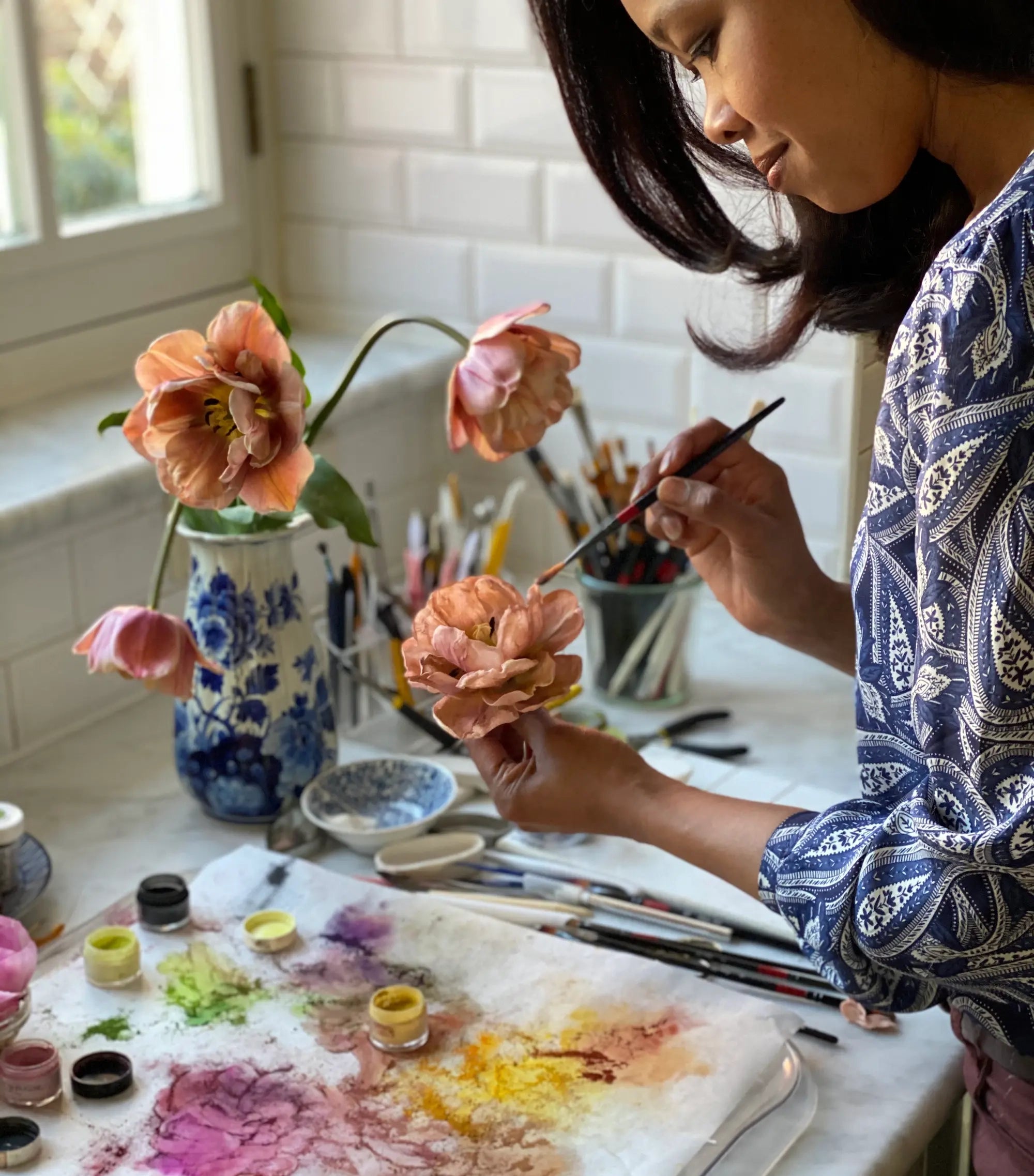 Natasja Sadi teaching a 3-day Sweet Floral Immersion workshop in her kitchen studio, located in an 18th Century Canal House in Amsterdam.